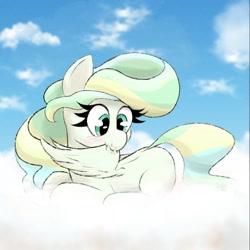 Size: 1352x1352 | Tagged: safe, artist:xppp1n, derpibooru import, vapor trail, pegasus, pony, g4, cloud, female, grooming, lying down, lying on a cloud, on a cloud, preening, sky, solo, wings