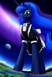 Size: 827x1210 | Tagged: safe, ai content, derpibooru import, generator:novelai, generator:stable diffusion, machine learning generated, princess luna, alicorn, pony, g4, bust, clothes, destruction, female, feral, giant luna, giantess, giga, hooves, macro, maid, portrait, prompt in description, prompter:neutralfire, skirt, smiling, solo