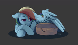 Size: 2160x1248 | Tagged: safe, artist:applesartt, derpibooru import, rainbow dash, pegasus, pony, g4, ears, female, floppy ears, lying down, mare, pet bed, solo, wings