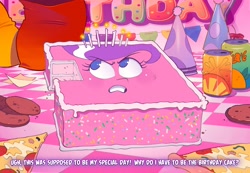 Size: 2438x1683 | Tagged: dead source, safe, artist:emma noorman, derpibooru import, diamond tiara, food pony, original species, pony, angry, birthday, birthday cake, blue eyes, blushing, cake, cakeified, can, candle, cellular peptide cake (with mint frosting), chips, chubby diamond, cookie, drink, eyelashes, face only, food, food transformation, frosting, frown, garland, gritted teeth, hat, hilarious in hindsight, inanimate transformation, looking at someone, older, older diamond tiara, party hat, pizza, ponified, soda, soda can, solo, species swap, sprinkles, sweat, sweatdrop, talking, teeth, text, transformation