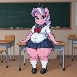 Size: 1024x1024 | Tagged: safe, ai content, derpibooru exclusive, derpibooru import, generator:stable diffusion, machine learning generated, diamond tiara, anthro, earth pony, g4, chubby, chubby diamond, clothes, desk, fat, female, jewelry, plump, prompter:professordoctorc, school uniform, schoolgirl, skirt, socks, solo, thigh highs, thighs, thunder thighs, tiara