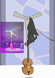 Size: 2480x3508 | Tagged: safe, artist:chloebyjuu, derpibooru import, octavia melody, g4, bow (instrument), cello, cello bow, facing away, funny, grand galloping gala, meme, musical instrument, ponified photo, pose, reference used, solo, upside down, window