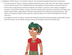 Size: 674x515 | Tagged: safe, derpibooru import, edit, edited screencap, screencap, timber spruce, human, equestria girls, g4, legend of everfree, camp everfree logo, camp everfree outfits, ears, eyebrows, green eyes, green hair, hat, homographs, looking up, male, meaningful name, red shirt, screenshots, simple background, smiling, solo, text, tv tropes, website, white background, wristband