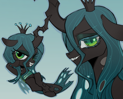 Size: 2689x2177 | Tagged: safe, artist:nimingxiwang168, derpibooru import, queen chrysalis, changeling, changeling queen, g4, black coat, blue mane, bust, chibi, female, full body, gradient background, green eyes, grin, smiling, solo