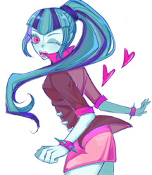 Size: 2048x2374 | Tagged: safe, artist:nimingxiwang168, derpibooru import, sonata dusk, human, equestria girls, g4, blue hair, blue skin, cowboy shot, one eye closed, open mouth, open smile, simple background, smiling, solo, white background, wink