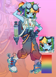 Size: 1936x2642 | Tagged: safe, artist:nimingxiwang168, derpibooru import, rainbow dash, human, equestria girls, g4, alternate clothes, bare shoulders, blue skin, clothes, converse, denim, full body, goggles, goggles on head, gradient background, jeans, open mouth, pants, reference sheet, shoes, sleeveless, solo