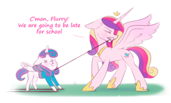 Size: 1480x891 | Tagged: safe, artist:tanatos, derpibooru import, princess cadance, princess flurry heart, alicorn, pony, g4, back to school, backpack, concave belly, cross-popping veins, ears, emanata, eyes closed, female, floppy ears, gritted teeth, height difference, leash, mother and child, mother and daughter, mouth hold, parent and child, physique difference, pulling, school, simple background, sketch, slender, spread wings, teeth, thin, wings