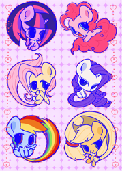 Size: 1873x2615 | Tagged: safe, artist:nimingxiwang168, derpibooru import, applejack, fluttershy, pinkie pie, rainbow dash, rarity, twilight sparkle, unicorn twilight, earth pony, pegasus, pony, unicorn, g4, abstract background, chibi, cute, dashabetes, diapinkes, group, horn, jackabetes, mane six, pink background, raribetes, shyabetes, simple background, twiabetes