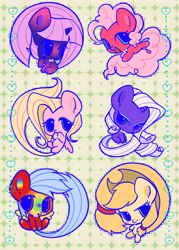 Size: 1873x2615 | Tagged: safe, artist:nimingxiwang168, derpibooru import, applejack, fluttershy, pinkie pie, rainbow dash, rarity, twilight sparkle, unicorn twilight, earth pony, pegasus, pony, unicorn, g4, abstract background, alternate color palette, chibi, cute, dashabetes, diapinkes, group, horn, jackabetes, mane six, patterned background, raribetes, reverse colors, shyabetes, twiabetes