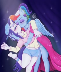 Size: 1643x1944 | Tagged: safe, artist:codeizzy, derpibooru import, rainbow dash, rarity, anthro, pegasus, unicorn, g4, alternate hairstyle, clothes, disguise, dress, duo, duo female, female, hat, horn, kissing, lesbian, megaradash, plainity, raridash, shipping, shirt, shorts