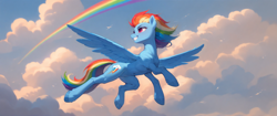 Size: 2560x1080 | Tagged: safe, ai content, derpibooru import, machine learning generated, rainbow dash, pegasus, pony, g4, belly, belly button, cloud, flying, from below, generator:tponynai3, grin, looking back, prompter:truekry, rainbow, smiling, spread wings, wallpaper, widescreen, wings