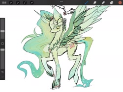 Size: 2048x1536 | Tagged: safe, artist:lengquancpwodeshen, derpibooru import, oc, oc only, alicorn, pony, alicorn oc, art program in frame, concave belly, green coat, green mane, green tail, horn, procreate app, slender, solo, tail, tall, thin, wings