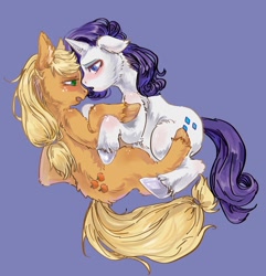 Size: 1744x1810 | Tagged: safe, artist:ruge9509, derpibooru import, applejack, rarity, earth pony, pony, unicorn, g4, cuddling, duo, duo female, female, horn, lesbian, lying down, on side, purple background, rarijack, shipping, side view, simple background