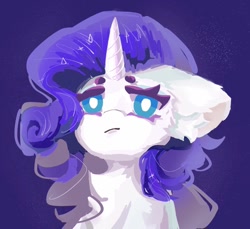 Size: 818x750 | Tagged: safe, artist:ruge9509, derpibooru import, rarity, pony, unicorn, g4, big ears, blue eyes, bust, colored eyebrows, colored eyelashes, ear fluff, ears, female, frown, horn, lineless, looking at you, mare, purple eyelashes, purple mane, simple background, solo, sparkly background, unicorn horn, white coat, white pupils