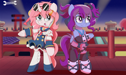 Size: 2500x1500 | Tagged: safe, artist:trackheadtherobopony, derpibooru import, oc, oc:eminence bloom, oc:nekonin, alicorn, pegasus, clothes, cosplay, costume, disgaea, japanese