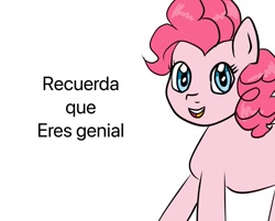 Size: 1241x1000 | Tagged: safe, artist:wrath-marionphauna, derpibooru import, pinkie pie, earth pony, pony, g4, :d, female, mare, open mouth, open smile, simple background, smiling, solo, spanish, translated in the description, white background