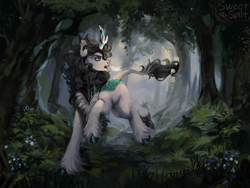 Size: 4000x3000 | Tagged: safe, artist:sweettsa1t, derpibooru import, oc, oc only, kirin, commission, forest, high res, kirin oc, looking back, male, nature, outdoors, signature, solo, tree, unshorn fetlocks