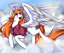 Size: 2560x2133 | Tagged: safe, artist:illustra, derpibooru import, oc, oc only, oc:illustra, pegasus, pony, black tie, blushing, cheek fluff, clothes, cloud, colored hooves, cyrillic, eye clipping through hair, eyebrows, eyebrows visible through hair, female, female oc, flying, happy, high res, hooves, large wings, looking up, mare, mare oc, necktie, open mouth, pegasus oc, red shirt, shirt, side view, signature, sky, solo, spread wings, unshorn fetlocks, wings