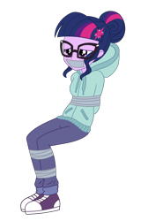 Size: 1600x2376 | Tagged: safe, artist:nie-martw-sie-o-mnie, derpibooru import, sci-twi, twilight sparkle, human, equestria girls, friendship games, g4, bondage, bound and gagged, clothes, converse, denim, female, femsub, gag, glasses, hair bun, hoodie, jeans, pants, shoes, simple background, sitting, sneakers, solo, submissive, tape, tape bondage, tape gag, transparent background, twisub