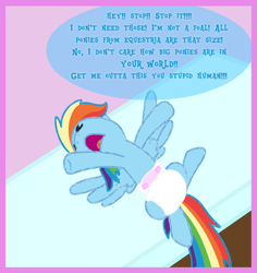 Size: 1500x1591 | Tagged: safe, artist:snowflakepone, derpibooru import, rainbow dash, human, pegasus, pony, g4, adult, angry, belly, changing table, diaper, diaper fetish, diapered, eyes closed, female, fetish, humiliation, lying down, mare, multicolored hair, offscreen character, offscreen human, open mouth, rainbow hair, rainbow tail, screaming, screech, spread wings, tail, wings