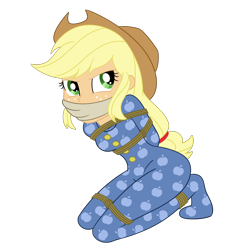 Size: 2000x2000 | Tagged: safe, artist:nie-martw-sie-o-mnie, derpibooru import, applejack, human, equestria girls, g4, rainbow rocks, applesub, bondage, bound and gagged, cloth gag, clothes, cowboy hat, female, femsub, footed sleeper, footie pajamas, freckles, gag, hat, kneeling, onesie, pajamas, rope, rope bondage, simple background, solo, submissive, tied up, transparent background