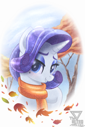 Size: 1994x2991 | Tagged: safe, artist:theretroart88, derpibooru import, rarity, pony, unicorn, g4, 2d, autumn, beauty mark, clothes, eyebrows, eyeshadow, female, horn, leaves, lidded eyes, looking at you, makeup, mare, mole, scarf, smiling, smiling at you, solo