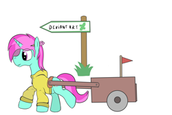 Size: 2400x1600 | Tagged: safe, artist:amateur-draw, derpibooru import, oc, oc only, oc:belle boue, unicorn, arrow, cart, clothes, deviantart, deviantart logo, flag, hoodie, horn, logo, moving, rant, sign, simple background, solo, wheel, white background