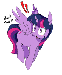 Size: 1993x2401 | Tagged: safe, artist:cheesesauce_45, derpibooru import, twilight sparkle, twilight sparkle (alicorn), alicorn, pony, g4, blush sticker, blushing, bookhorse, exclamation point, female, flying, head turn, mare, open mouth, pixel-crisp art, simple background, solo, spread wings, that pony sure does love books, white background, wings