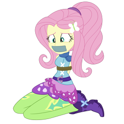 Size: 2000x2000 | Tagged: safe, artist:nie-martw-sie-o-mnie, derpibooru import, fluttershy, human, equestria girls, friendship games, g4, bondage, bound and gagged, butterfly hairpin, clothes, female, femsub, fluttersub, gag, kneeling, leggings, looking down, ponytail, rope, rope bondage, simple background, skirt, solo, sporty style, submissive, tape, tape gag, transparent background