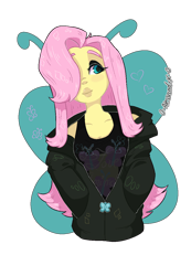 Size: 900x1300 | Tagged: safe, artist:s0ft-g0at, derpibooru import, fluttershy, equestria girls, g4, alternate hairstyle, clothes, cute, female, hair over one eye, jacket, jewelry, necklace, shyabetes, simple background, solo, tanktop, transparent background