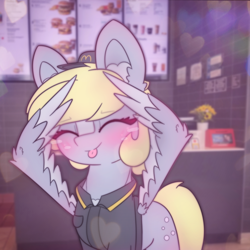 Size: 2664x2664 | Tagged: safe, artist:sodapop sprays, derpibooru import, part of a set, derpy hooves, oc, oc only, pegasus, pony, series:derpy can't catch a break, g4, ah eto bleh, blushing, clothes, ear fluff, ears, freckles, irl background, mcdonald's, meme, solo, uniform