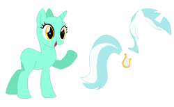 Size: 704x433 | Tagged: safe, artist:selenaede, derpibooru import, lyra heartstrings, pony, unicorn, g4, 2012, bald, base, female, horn, mane, mare, no tail, open mouth, open smile, raised hoof, raised leg, scene interpretation, simple background, smiling, solo, tail, white background