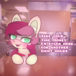 Size: 2664x2664 | Tagged: safe, artist:sodapop sprays, derpibooru import, roseluck, earth pony, pony, series:roseluck can't catch a break, g4, blushing, clothes, ear fluff, ears, eye clipping through hair, freckles, irl background, looking at you, meme, solo, talking to viewer, text, uniform, wendy's