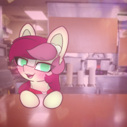 Size: 2664x2664 | Tagged: safe, artist:sodapop sprays, derpibooru import, roseluck, earth pony, pony, series:roseluck can't catch a break, g4, blushing, clothes, ear fluff, ears, eye clipping through hair, freckles, irl background, looking at you, solo, uniform, wendy's