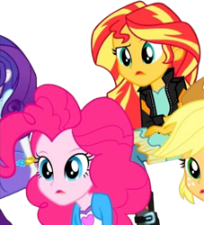 Size: 827x910 | Tagged: safe, derpibooru import, edit, edited screencap, editor:homersimpson1983, screencap, applejack, pinkie pie, rarity, sunset shimmer, human, equestria girls, g4, background removed, not a vector, simple background, transparent background