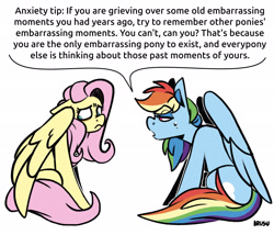 Size: 2048x1750 | Tagged: safe, artist:lrusu, derpibooru import, edit, editor:modus_ponens, fluttershy, rainbow dash, pegasus, pony, g4, anxiety, dialogue, disappointed, duo, duo female, ears, embarrassed, female, floppy ears, folded wings, looking at someone, looking away, mare, meme, motivational, open mouth, ponified, ponified meme, rainbow dash is not amused, rainbow douche, rude, sad, sarcasm, simple background, sitting, speech bubble, unamused, white background, wings