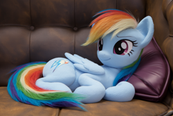 Size: 1248x832 | Tagged: safe, ai content, derpibooru import, machine learning generated, rainbow dash, pegasus, pony, g4, anonymous prompter, cute, dashabetes, draw me like one of your french girls, ear fluff, ears, feminism, fluffy, lying down, photorealistic, prone, rainbow dash is best pony, rainbow sass, sofa, solo