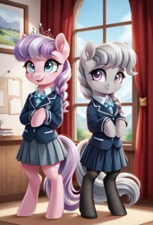 Size: 800x1169 | Tagged: safe, ai content, derpibooru import, generator:pony diffusion v6 xl, generator:stable diffusion, machine learning generated, diamond tiara, silver spoon, earth pony, semi-anthro, g4, classroom, clothes, duo, duo female, female, filly, foal, indoors, mare, pantyhose, prompter:gregorymars, school, school uniform, skirt, standing, tights, window