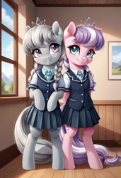 Size: 800x1169 | Tagged: safe, ai content, derpibooru import, generator:pony diffusion v6 xl, generator:stable diffusion, machine learning generated, diamond tiara, silver spoon, earth pony, semi-anthro, g4, classroom, clothes, duo, duo female, female, filly, foal, indoors, mare, prompter:gregorymars, school, school uniform, skirt, standing, window