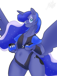 Size: 1200x1600 | Tagged: safe, artist:kushina13, derpibooru import, princess luna, alicorn, pony, g4, armor, belly, belly button, bipedal, female, looking at you, mare, simple background, smiling, smiling at you, solo, spread wings, visor, white background, wings