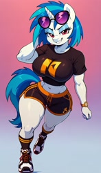 Size: 2400x4080 | Tagged: safe, ai content, derpibooru import, machine learning generated, dj pon-3, vinyl scratch, anthro, plantigrade anthro, unicorn, g4, bedroom eyes, belly, belly button, big breasts, breasts, clothes, female, gradient background, grin, horn, lidded eyes, looking at you, midriff, prompter:lotsofcaps, shirt, shoes, shorts, smiling, smirk, sneakers, socks, solo, sunglasses, sunglasses on head, t-shirt, vinyl stacked, watch, wide hips, wristwatch