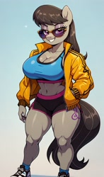 Size: 2400x4080 | Tagged: safe, ai content, derpibooru import, machine learning generated, octavia melody, anthro, earth pony, plantigrade anthro, g4, bedroom eyes, belly, belly button, big breasts, breasts, cleavage, clothes, female, gradient background, grin, jacket, looking at you, midriff, orbtavia, prompter:lotsofcaps, shoes, shorts, smiling, sneakers, socks, solo, sports bra, sports shoes, sports shorts, sports socks, sunglasses