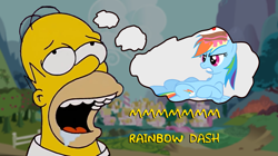 Size: 1929x1080 | Tagged: safe, derpibooru import, edit, edited screencap, editor:umsx, screencap, rainbow dash, human, pegasus, pony, g4, party of one, season 1, cake, drool, drool on face, food, homer simpson, meme, ponyville, shitposting, the simpsons, thought bubble