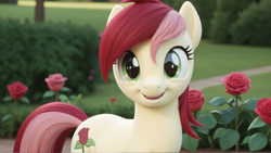 Size: 1920x1080 | Tagged: safe, ai content, derpibooru import, machine learning generated, roseluck, earth pony, pony, g4, anonymous prompter, bush, eye reflection, flower, garden, happy, looking at you, open mouth, reflection, rose, smiling, solo