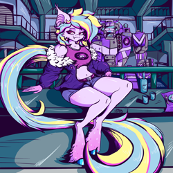 Size: 1920x1920 | Tagged: safe, artist:umbrapone, derpibooru import, oc, oc only, oc:bass-beat, anthro, bat pony, digitigrade anthro, earth pony, hybrid, pony, alcohol, battletech, battletech vindicator, bottle, cheek fluff, clothes, date, fangs, food, glass, hooves, jacket, long legs, long tail, looking at you, mechbay, mechwarrior, pasta, shiny, shiny hooves, shiny skin, shorts, skull, smiling, smirk, solo, sports bra, tail, tanktop, unshorn fetlocks, wine, wine bottle, wine glass