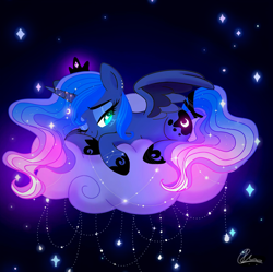 Size: 3600x3580 | Tagged: safe, artist:jaanhavi, derpibooru import, princess luna, alicorn, pony, g4, blush scribble, blushing, cloud, cute, female, glowing, glowing eyes, lunabetes, lying down, lying on a cloud, mare, night, on a cloud, one ear down, partially open wings, signature, solo, starry night, sweet dreams fuel, wings