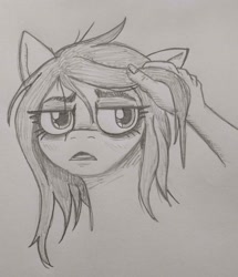 Size: 2327x2707 | Tagged: safe, artist:jargon scott, derpibooru import, oc, oc only, oc:anon-mare, earth pony, human, pony, bags under eyes, bust, female, hand, lidded eyes, mare, monochrome, offscreen character, pencil drawing, solo focus, traditional art