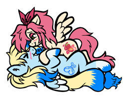 Size: 1449x1176 | Tagged: safe, artist:catponything, derpibooru import, oc, oc only, oc:azure opus, oc:strawberry splash, pegasus, pony, blushing, bow, commission, cuddling, ear piercing, eyes closed, hair bow, piercing, size difference, smiling, spread wings, tail, two toned mane, two toned tail, wings, ych result