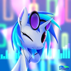 Size: 1000x1000 | Tagged: safe, artist:unigita, derpibooru import, dj pon-3, vinyl scratch, g4, blurry background, earbuds, looking at you, neon, one eye closed, solo, wink, winking at you