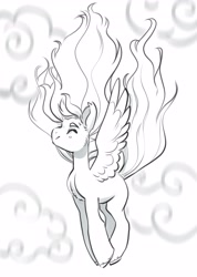 Size: 2917x4096 | Tagged: safe, artist:opalacorn, derpibooru import, oc, oc only, pegasus, pony, black and white, cloud, eyes closed, falling, grayscale, male, monochrome, simple background, smiling, solo, stallion, tail, white background, windswept mane, windswept tail